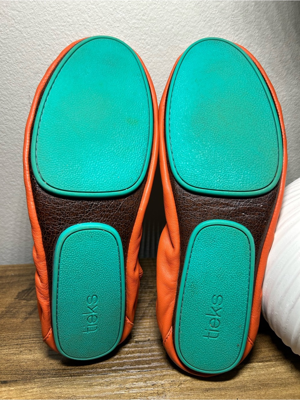 Tieks Orange Leather Ballet Flats with Teal Accent - Picture 4 of 7